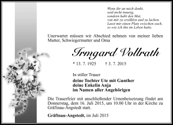 Traueranzeige von Irmgard Vollrath von Südthüringer Presse