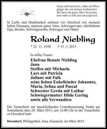 Traueranzeige von Roland Niebling von Südthüringer Presse