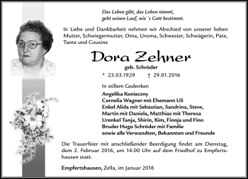 Traueranzeige von Dora Zehner von Südthüringer Presse