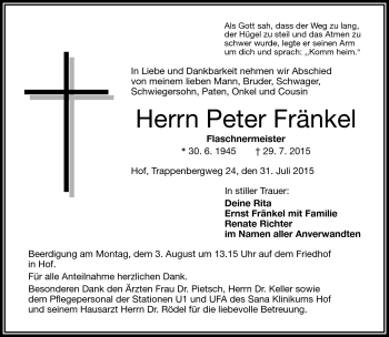 Traueranzeige von Peter Fränkel von Frankenpost
