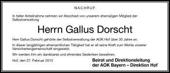 Traueranzeige von Gallus Dorscht von Frankenpost