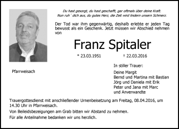 Traueranzeige von Franz Spitaler von Neue Presse Coburg