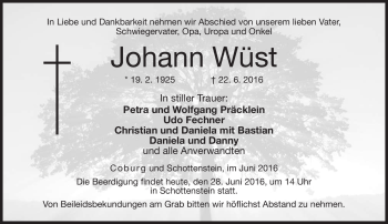Traueranzeige von Johann Wüst von Neue Presse Coburg