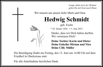 Traueranzeige von Hedwig Schmidt von Frankenpost