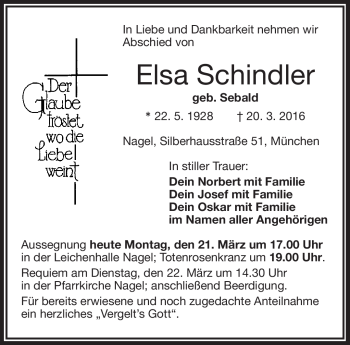 Traueranzeige von Elsa Schindler von Frankenpost