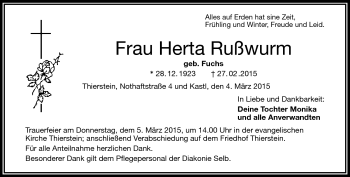 Traueranzeige von Herta Rußwurm von Frankenpost
