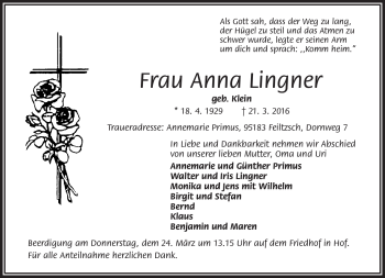 Traueranzeige von Anna Lingner von Frankenpost