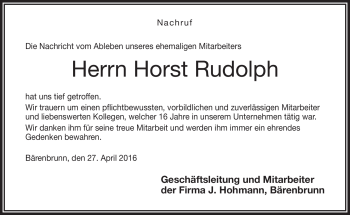 Traueranzeige von Horst Rudolph von Frankenpost