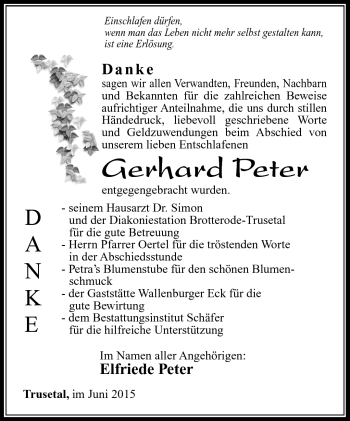 Traueranzeige von Gerhard Peter von Südthüringer Presse