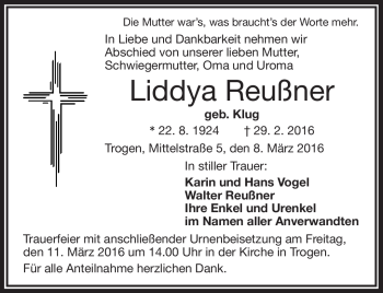 Traueranzeige von Liddya Reußner von Frankenpost