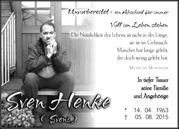 Traueranzeige von Sven Henke von Südthüringer Presse