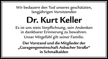 Traueranzeige von Kurt Keller von Südthüringer Presse
