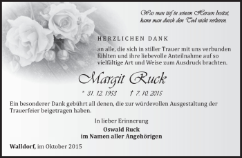 Traueranzeige von Margit Ruck von Südthüringer Presse