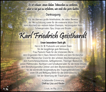 Traueranzeige von Karl Friedrich Geisthardt von Südthüringer Presse