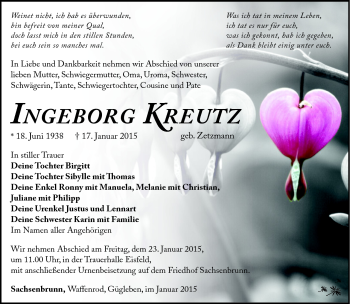 Traueranzeige von Ingeborg Kreutz von Südthüringer Presse