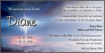 Traueranzeige von Diane Schimm von Südthüringer Presse