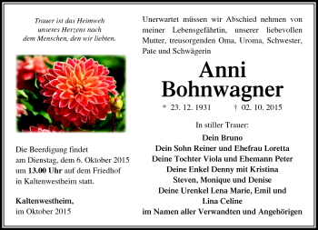 Traueranzeige von Anni Bohnwagner von Südthüringer Presse