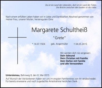 Traueranzeige von Margarete Schulthe´ß von Neue Presse Coburg