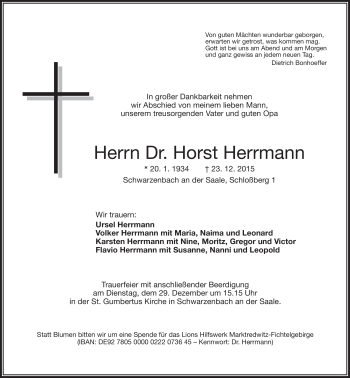 Traueranzeige von Horst Herrmann von Frankenpost