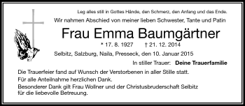 Traueranzeige von Emma Baumgärtner von Frankenpost