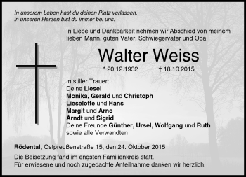 Traueranzeige von Walter Weiss von Neue Presse Coburg