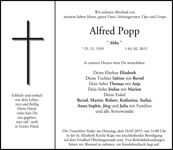 Traueranzeige von Alfred Popp von Neue Presse Coburg