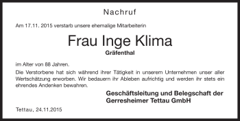 Traueranzeige von Inge Klima von Neue Presse Coburg