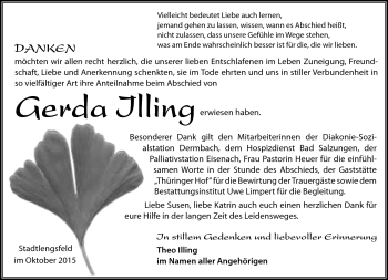 Traueranzeige von Gerda Illing von Südthüringer Presse