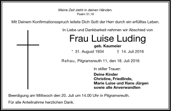 Traueranzeige von Luise Luding von Frankenpost
