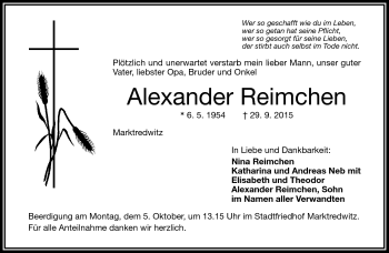Traueranzeige von Alexander Reimchen von Frankenpost