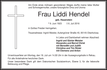 Traueranzeige von Liddi Hendel von Frankenpost