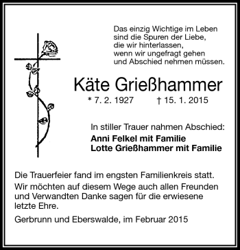 Traueranzeige von Käte Grießhammer von Frankenpost