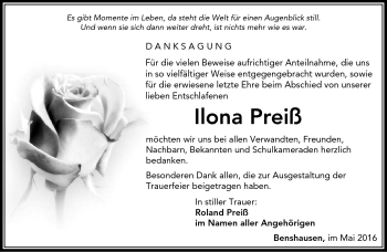 Traueranzeige von Ilona Preiß von Südthüringer Presse
