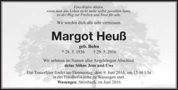 Traueranzeige von Margot Heuß von Südthüringer Presse