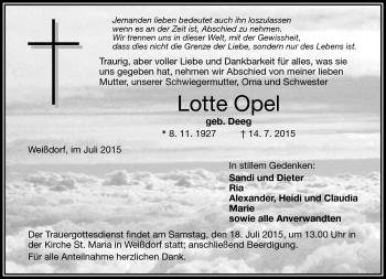 Traueranzeige von Lotte Opel von Frankenpost