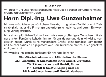 Traueranzeige von Uwe Gunzenheimer von Südthüringer Presse