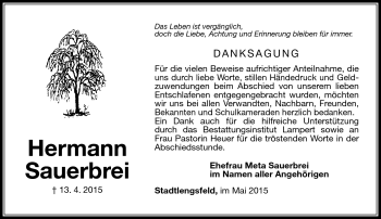 Traueranzeige von Hermann Sauerbrei von Südthüringer Presse