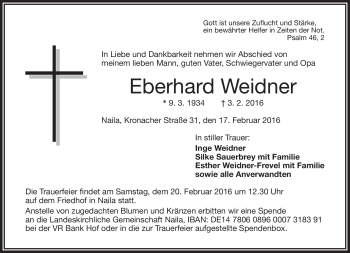 Traueranzeige von Eberhard Weidner von Frankenpost