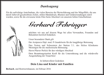 Traueranzeige von Gerhard Fehringer von Südthüringer Presse
