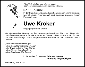 Traueranzeige von Uwe Kroker von Südthüringer Presse
