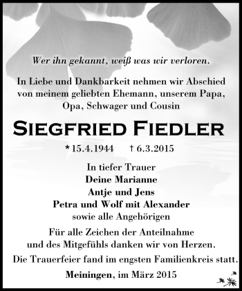 Traueranzeige von Siegfried Fiedler von Südthüringer Presse
