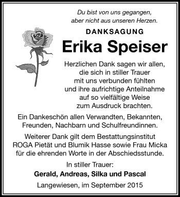 Traueranzeige von Erika Speiser von Südthüringer Presse