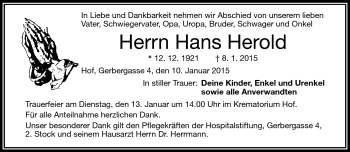 Traueranzeige von Hans Herold von Frankenpost