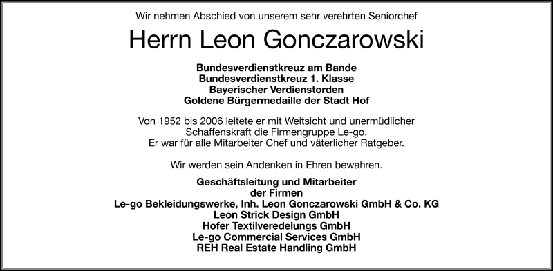  Traueranzeige für Leon Gonczarowski vom 28.03.2015 aus Frankenpost