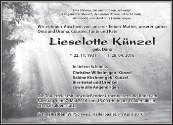 Traueranzeige von Lieselotte Künzel von Südthüringer Presse
