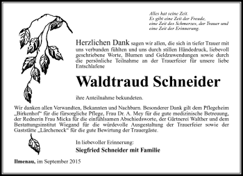 Traueranzeige von Waldtraud Schneider von Südthüringer Presse