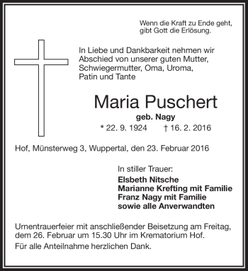 Traueranzeige von Maria Puschert von Frankenpost