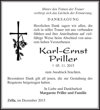 Traueranzeige von Karl-Ernst Priller von Südthüringer Presse