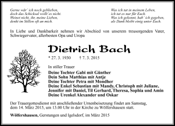 Traueranzeige von Dietrich Bach von Südthüringer Presse