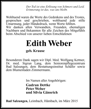 Traueranzeige von Edith Weber von Südthüringer Presse